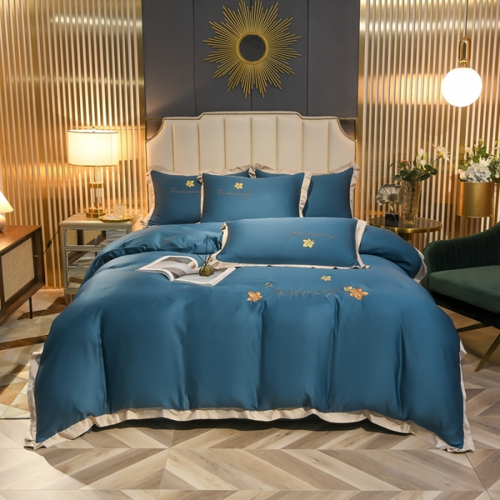 91家纺网 家纺一手货源 找家纺 金米诺 2022新款水洗真丝花边款四件套 月光蓝