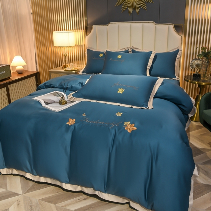 91家纺网 家纺一手货源 找家纺 金米诺 2022新款水洗真丝花边款四件套 月光蓝