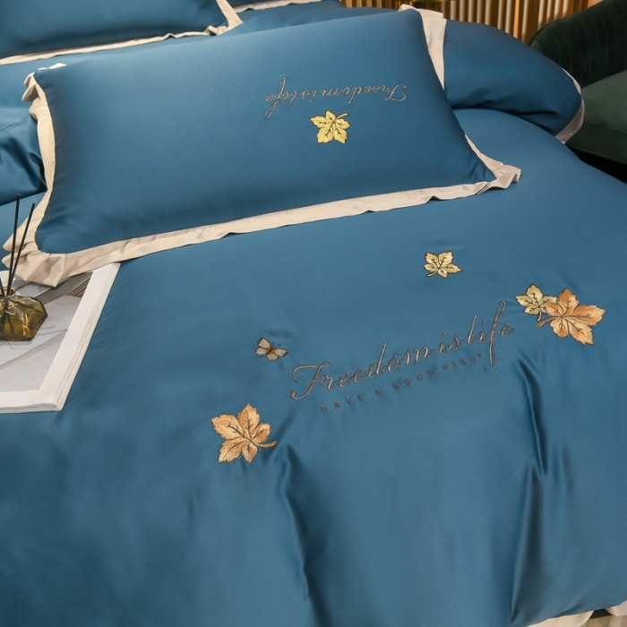 91家纺网 家纺一手货源 找家纺 金米诺 2022新款水洗真丝花边款四件套 月光蓝