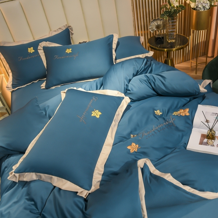 91家纺网 家纺一手货源 找家纺 金米诺 2022新款水洗真丝花边款四件套 月光蓝