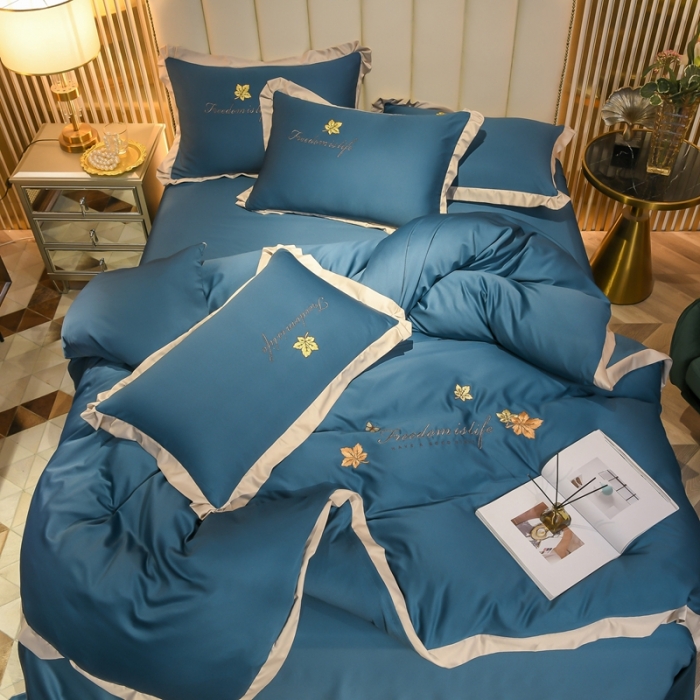 91家纺网 家纺一手货源 找家纺 金米诺 2022新款水洗真丝花边款四件套 月光蓝