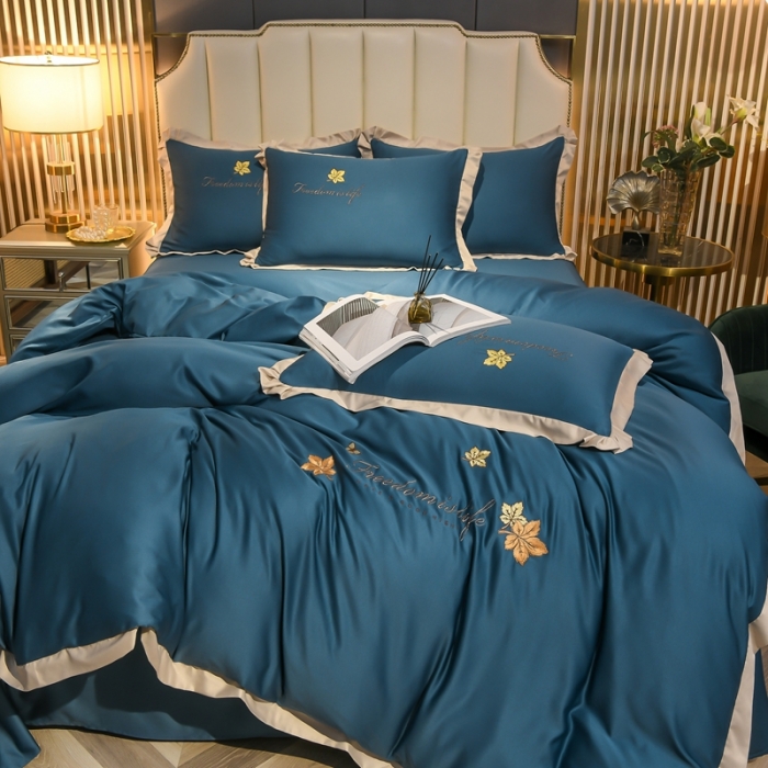 91家纺网 家纺一手货源 找家纺 金米诺 2022新款水洗真丝花边款四件套 月光蓝