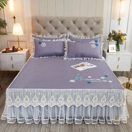 91家纺网 家纺一手货源 找家纺 （总）2023素色绣花床裙款冰丝席三件套