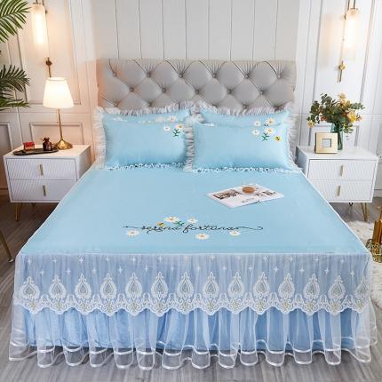 91家纺网 家纺一手货源 找家纺 （总）2023素色绣花床裙款冰丝席三件套