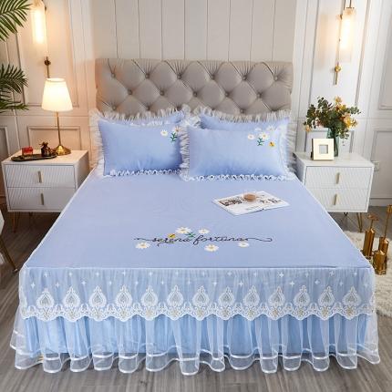 91家纺网 家纺一手货源 找家纺 （总）2023素色绣花床裙款冰丝席三件套