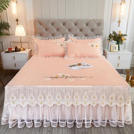 91家纺网 家纺一手货源 找家纺 （总）2023素色绣花床裙款冰丝席三件套