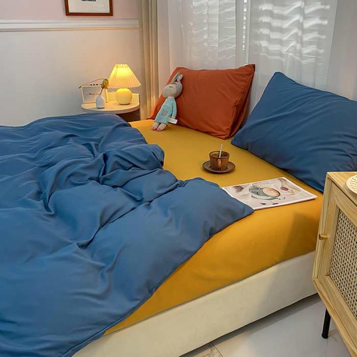 91家纺网 家纺一手货源 找家纺 曼谷 新款混搭风四件套 宝蓝-姜黄