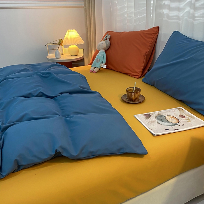 91家纺网 家纺一手货源 找家纺 曼谷 新款混搭风四件套 宝蓝-姜黄