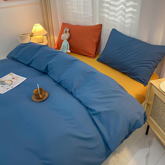 91家纺网 家纺一手货源 找家纺 曼谷 新款混搭风四件套 宝蓝-姜黄