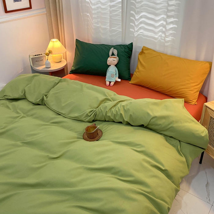 91家纺网 家纺一手货源 找家纺 曼谷 新款混搭风四件套 豆绿-橙色