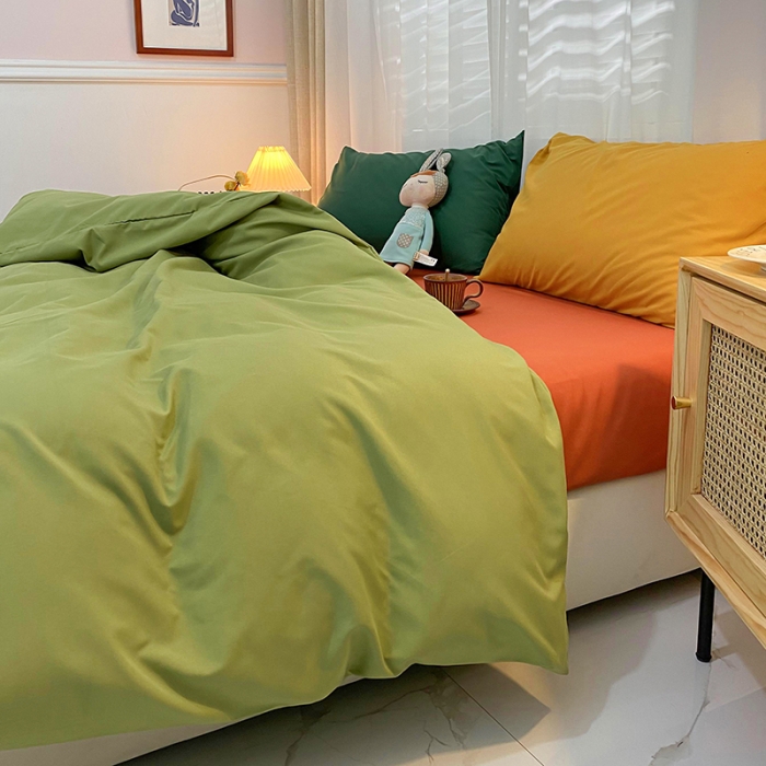 91家纺网 家纺一手货源 找家纺 曼谷 新款混搭风四件套 豆绿-橙色