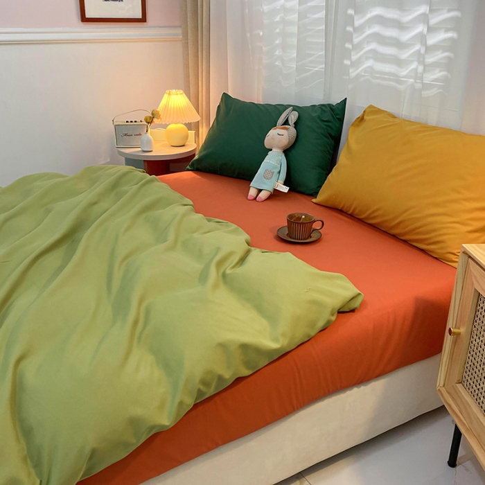 91家纺网 家纺一手货源 找家纺 曼谷 新款混搭风四件套 豆绿-橙色