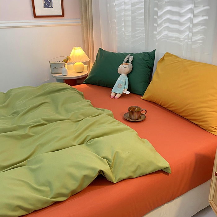 91家纺网 家纺一手货源 找家纺 曼谷 新款混搭风四件套 豆绿-橙色