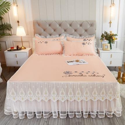 91家纺网 家纺一手货源 找家纺 2023素色绣花床裙款冰丝席三件套 蒲公英-玉色