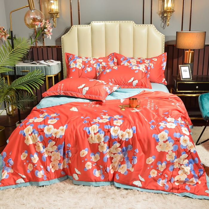 91家纺网 家纺一手货源 找家纺 梦柏2021新款水洗天丝夏被四件套 文颜（红）