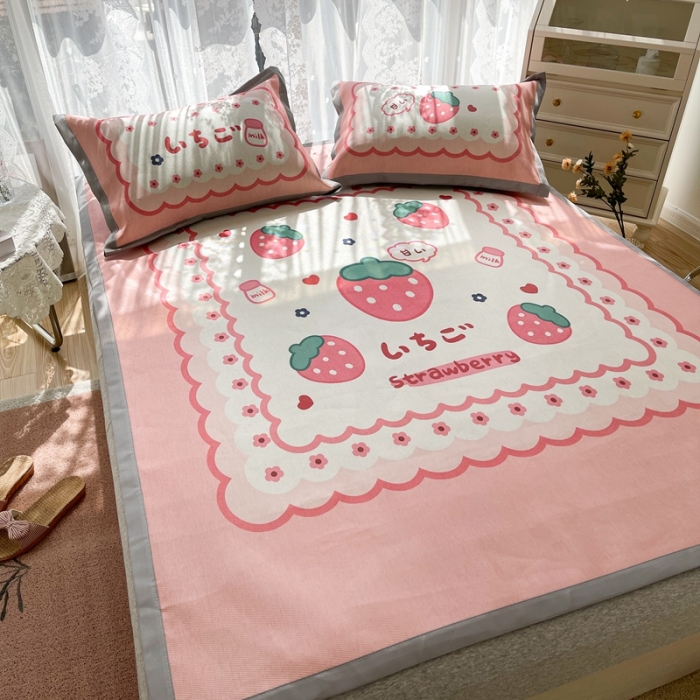 91家纺网 家纺一手货源 找家纺 慕尚 2025新款卡通宽边大版冰丝席 甜甜草莓