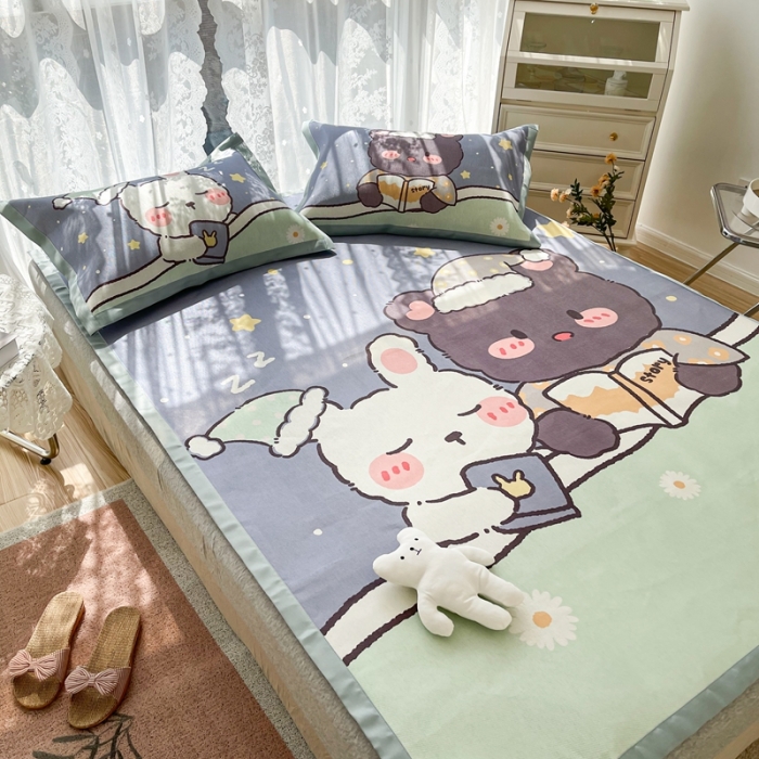 91家纺网 家纺一手货源 找家纺 慕尚 2025新款卡通宽边大版冰丝席 晚安熊兔
