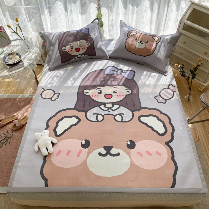 91家纺网 家纺一手货源 找家纺 慕尚 2025新款卡通宽边大版冰丝席 小熊少女