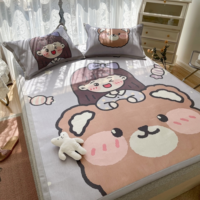 91家纺网 家纺一手货源 找家纺 慕尚 2025新款卡通宽边大版冰丝席 小熊少女