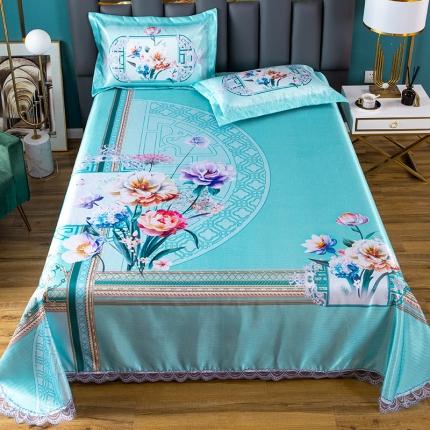 宅部落 21新款大版印花冰丝凉席三件套 悠然-水蓝