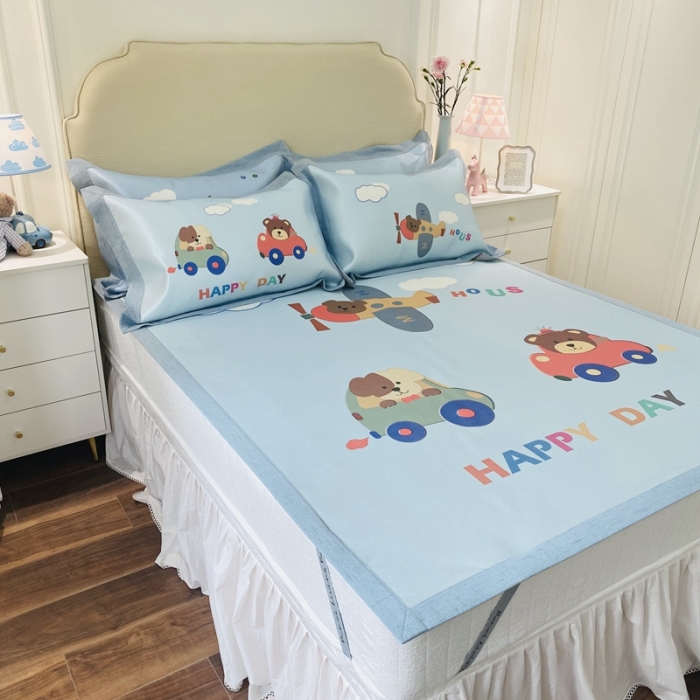 91家纺网 家纺一手货源 找家纺 本希家居 2021新款高端可水洗冰丝席数码印花 快乐小熊