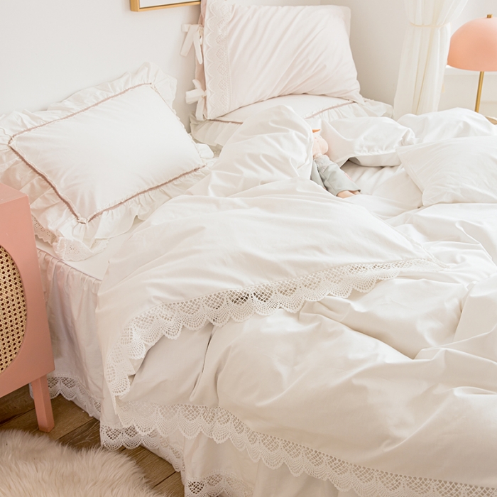 91家纺网 家纺一手货源 找家纺 淑女公社 2021新款法式高档纯色床裙款四件套 Ewha梨花白