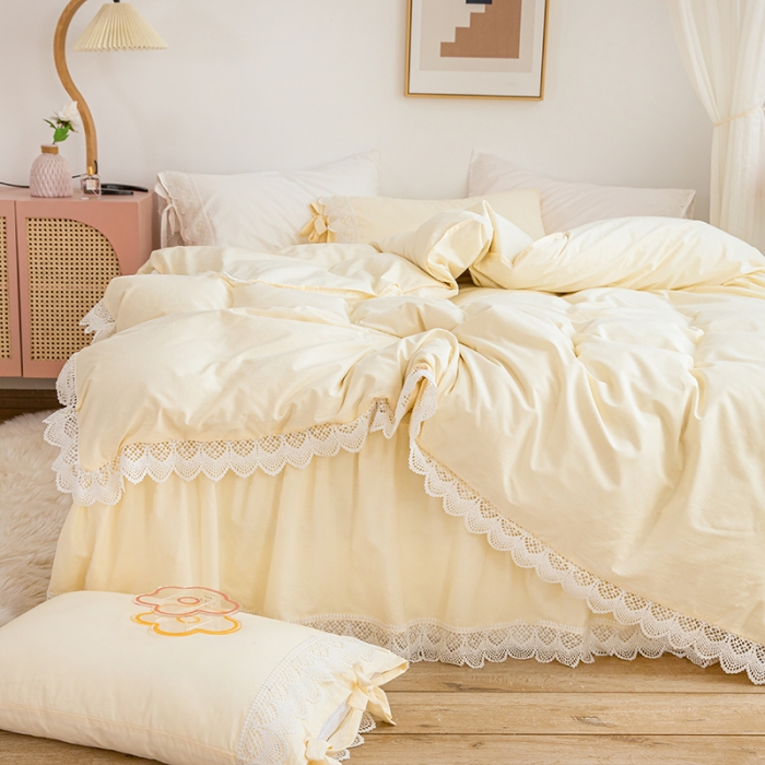 91家纺网 家纺一手货源 找家纺 淑女公社2021新全棉喷气13376镂空花边床裙四件套 梨花-奶油黄