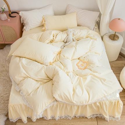 淑女公社2021新全棉喷气13376镂空花边床裙四件套 梨花-奶油黄