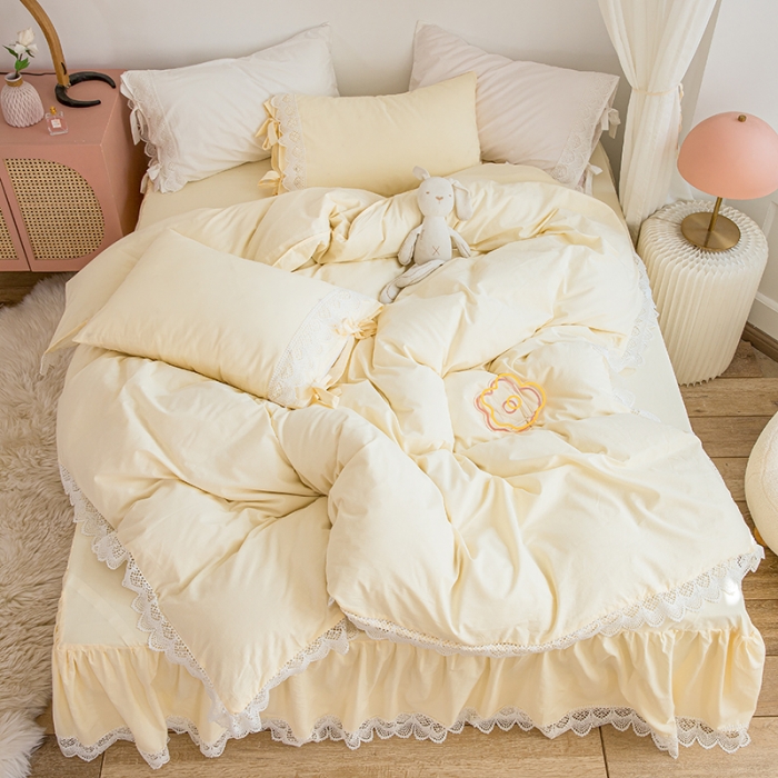 91家纺网 家纺一手货源 找家纺 淑女公社2021新全棉喷气13376镂空花边床裙四件套 梨花-奶油黄