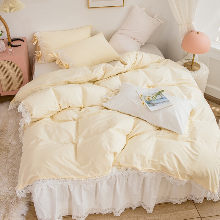 91家纺网 家纺一手货源 找家纺 淑女公社2021新全棉喷气13376镂空花边床裙四件套 梨花-奶油黄
