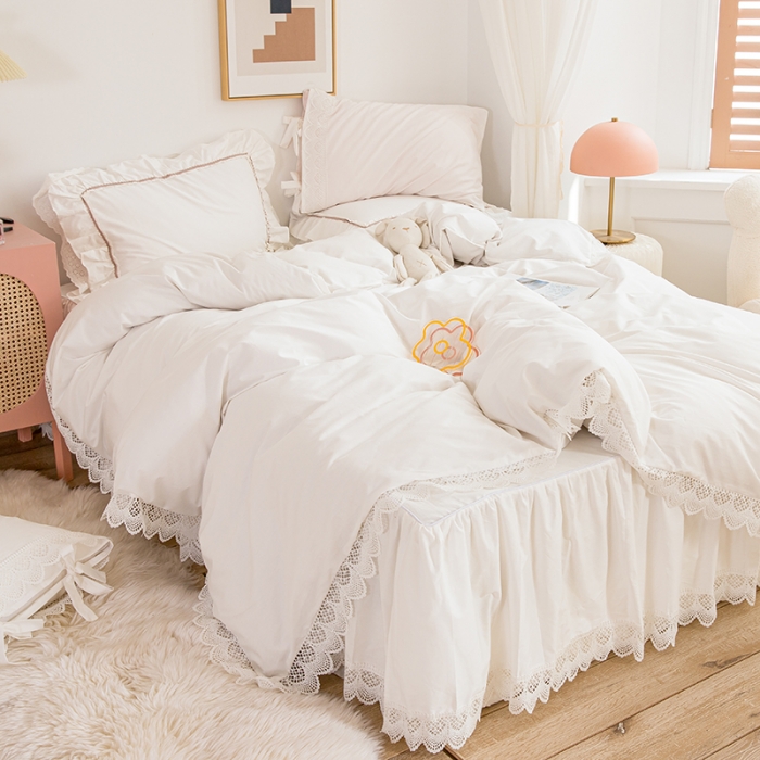 91家纺网 家纺一手货源 找家纺 淑女公社2021新全棉喷气13376镂空花边床裙四件套 梨花-白