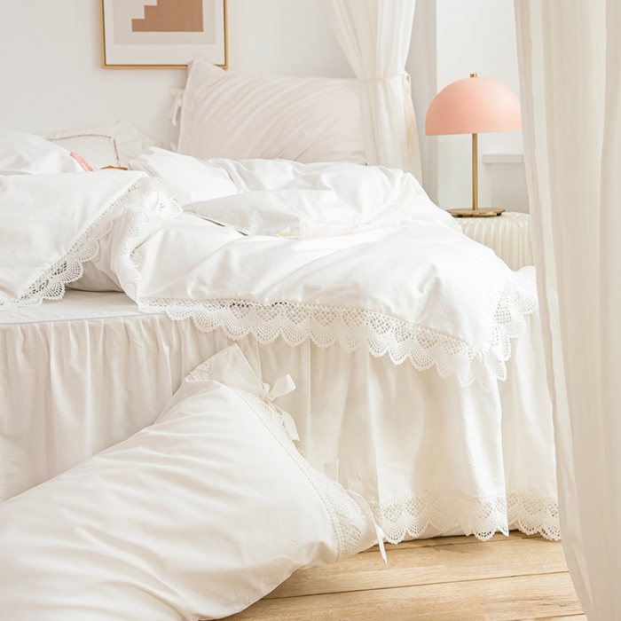 91家纺网 家纺一手货源 找家纺 淑女公社2021新全棉喷气13376镂空花边床裙四件套 梨花-白