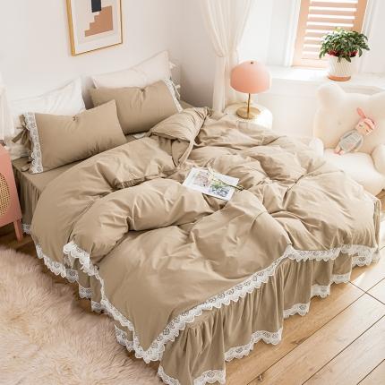 淑女公社2021新全棉喷气13376镂空花边床裙四件套 梨花-卡其色