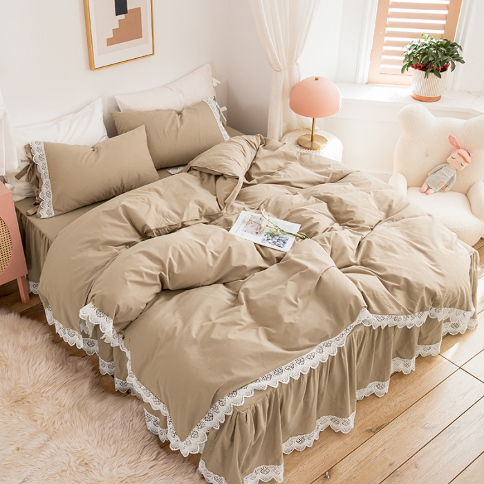 91家纺网 家纺一手货源 找家纺 淑女公社2021新全棉喷气13376镂空花边床裙四件套 梨花-卡其色