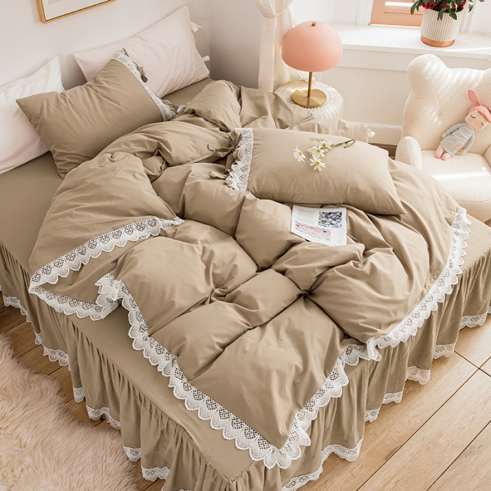 91家纺网 家纺一手货源 找家纺 淑女公社2021新全棉喷气13376镂空花边床裙四件套 梨花-卡其色