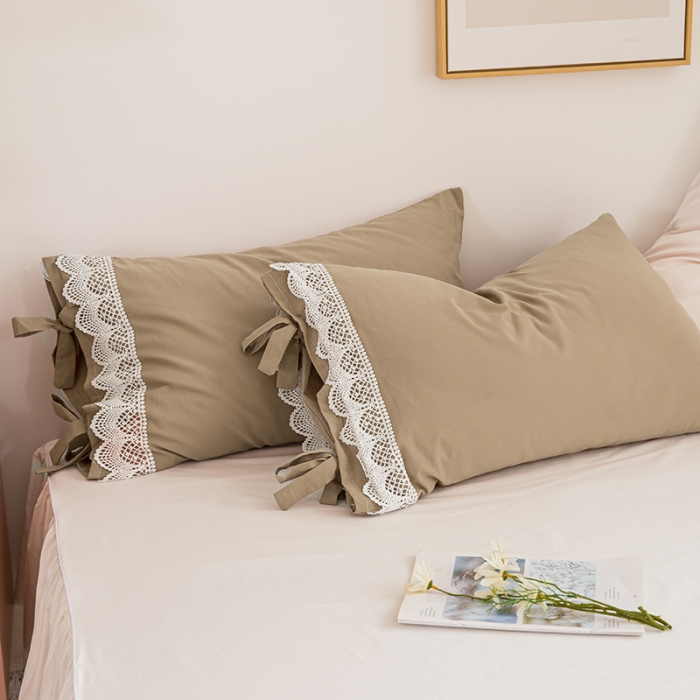 91家纺网 家纺一手货源 找家纺 淑女公社2021新全棉喷气13376镂空花边床裙四件套 梨花-卡其色