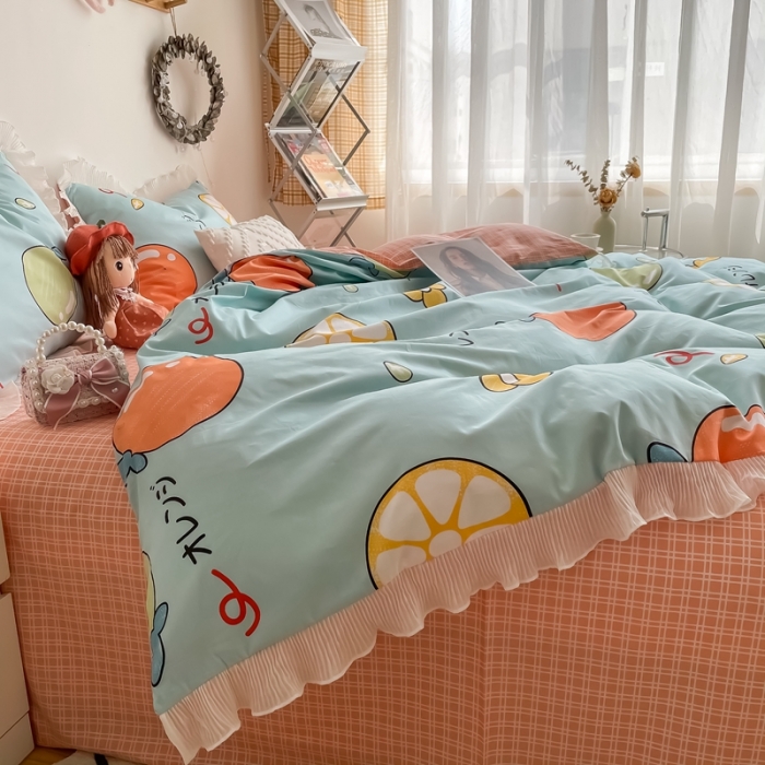 91家纺网 家纺一手货源 找家纺 安哆啦 2021新款全棉花边四件套 橙之恋