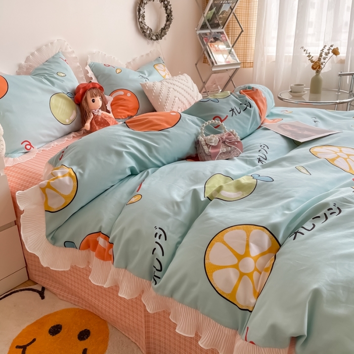 91家纺网 家纺一手货源 找家纺 安哆啦 2021新款全棉花边四件套 橙之恋