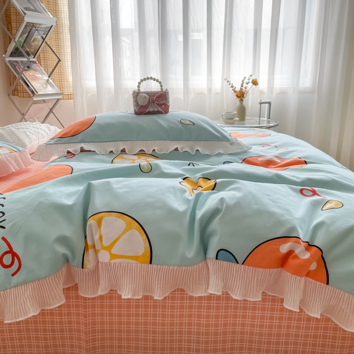 91家纺网 家纺一手货源 找家纺 安哆啦 2021新款全棉花边四件套 橙之恋