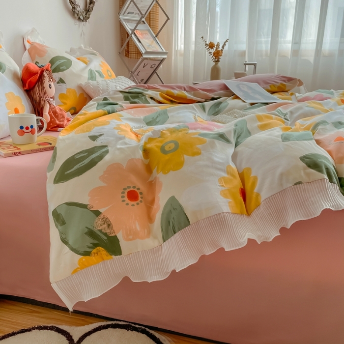 91家纺网 家纺一手货源 找家纺 安哆啦 2021新款全棉花边四件套 花语黄