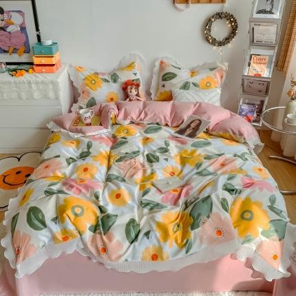 安哆啦 2021新款全棉花边四件套 花语黄