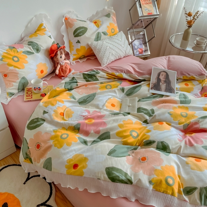 91家纺网 家纺一手货源 找家纺 安哆啦 2021新款全棉花边四件套 花语黄