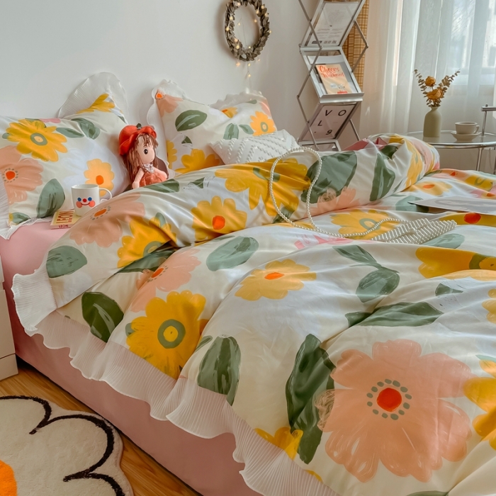 91家纺网 家纺一手货源 找家纺 安哆啦 2021新款全棉花边四件套 花语黄