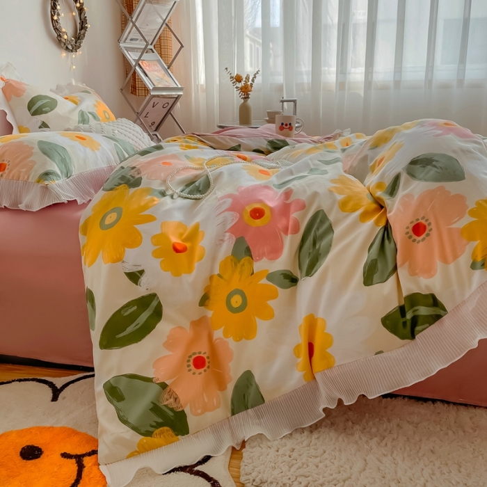 91家纺网 家纺一手货源 找家纺 安哆啦 2021新款全棉花边四件套 花语黄