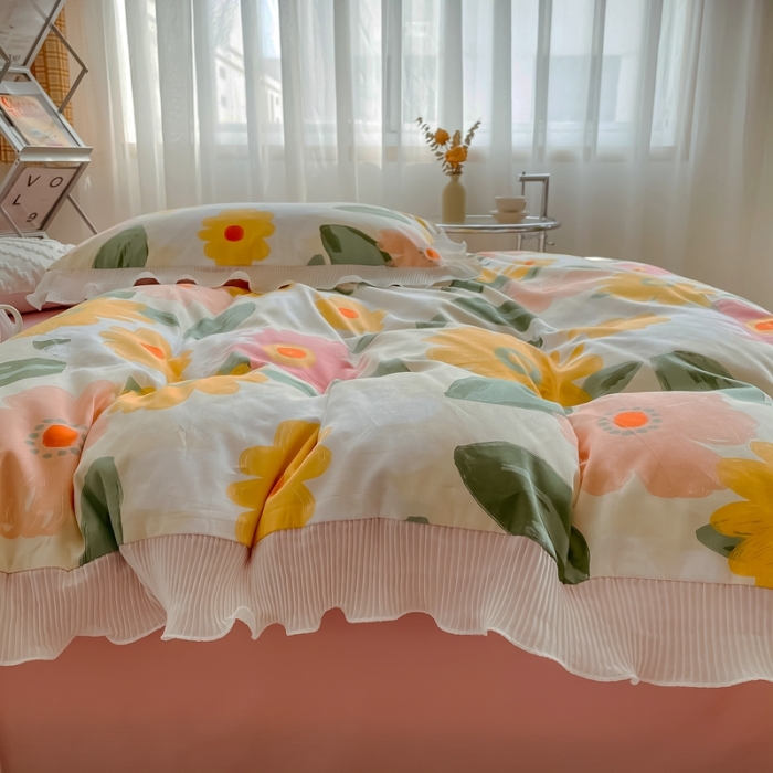 91家纺网 家纺一手货源 找家纺 安哆啦 2021新款全棉花边四件套 花语黄