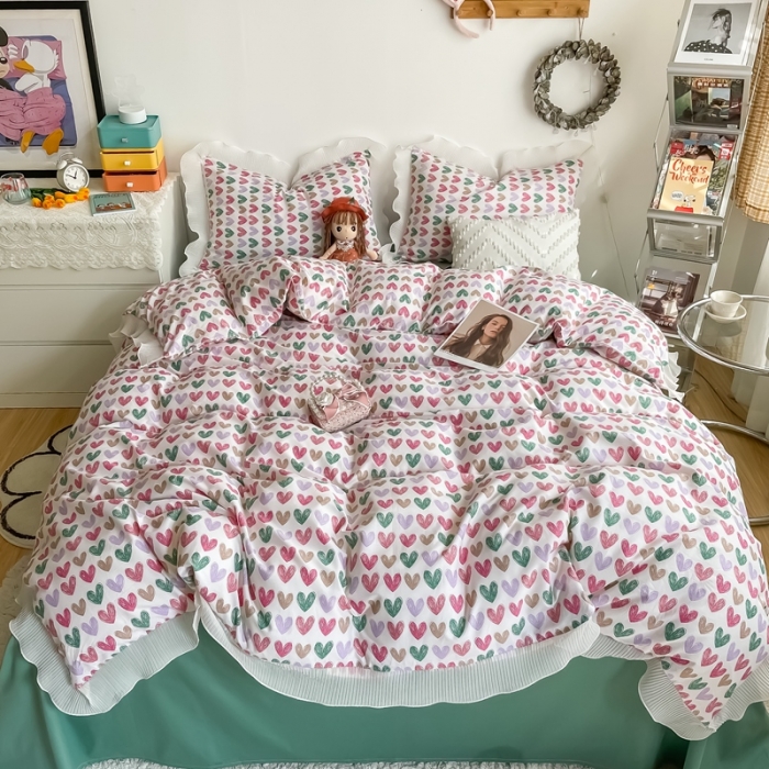 91家纺网 家纺一手货源 找家纺 安哆啦 2021新款全棉花边四件套 小心心