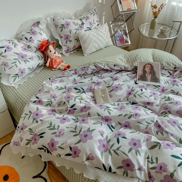 91家纺网 家纺一手货源 找家纺 安哆啦 2021新款全棉花边四件套 紫小花