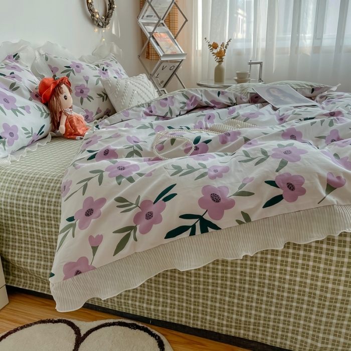 91家纺网 家纺一手货源 找家纺 安哆啦 2021新款全棉花边四件套 紫小花