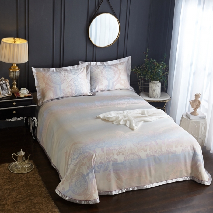 91家纺网 家纺一手货源 找家纺 威克凯丽 2023新款重磅七彩大提花纯竹纤维软凉席三件套艾珂