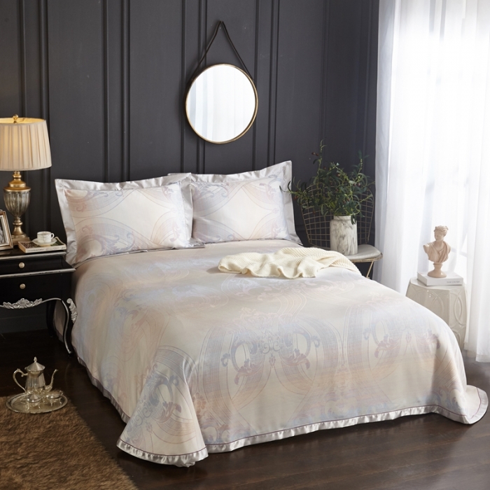 91家纺网 家纺一手货源 找家纺 威克凯丽2023新款重磅七彩大提花纯竹纤维软凉席三件套柏尔曼